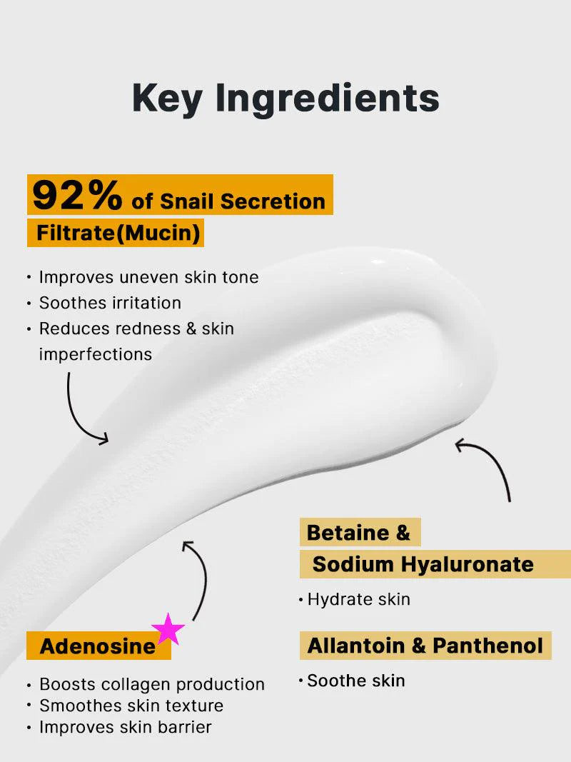 COSRX Advanced Snail 92 All In One Cream key ingredients page snail secretion filtrate betaine sodium hyaluronate adenosine allantoin panthenol