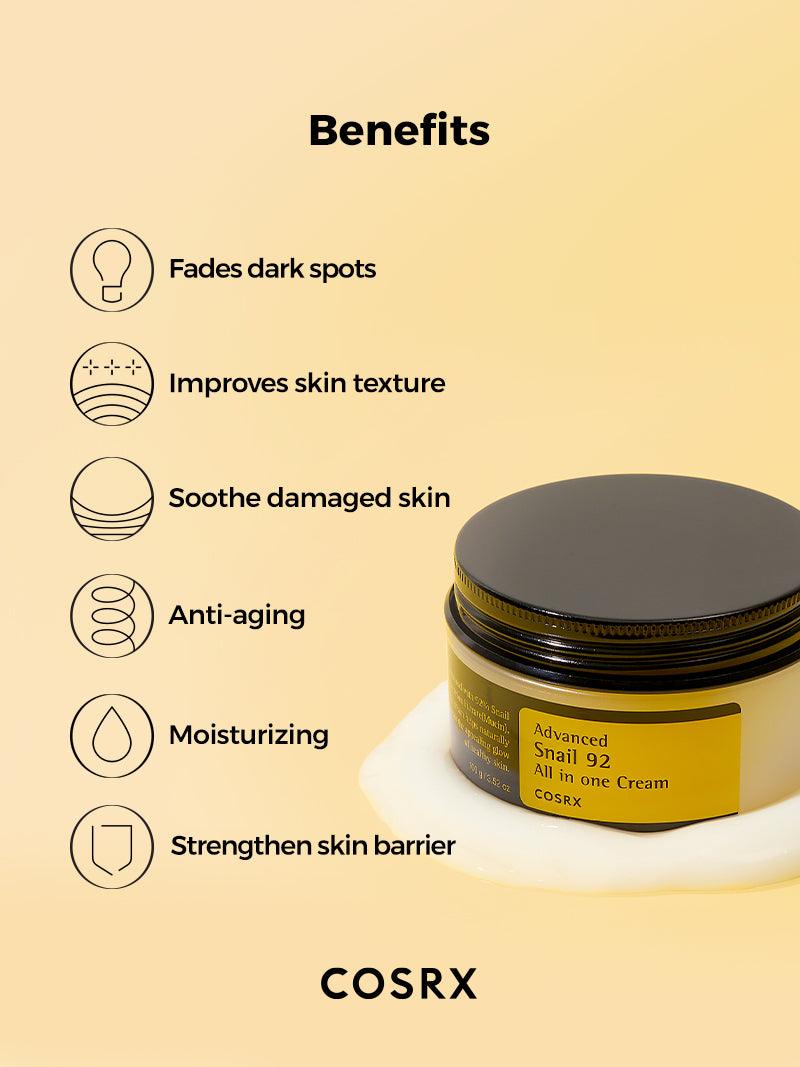 COSRX Advanced Snail 92 All In One Cream key benefits fades dark spots improves skin texture soothe damaged skin anti aging moisturising strenghten skin barrier
